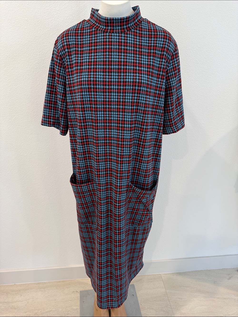 Zara Plaid Mock-Neck Midi Dress with Front Pockets in Red and Blue Sz L